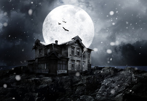 Haunted house, night, full moon, moonlight, bats, midnight, creepy, moon, snow