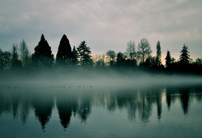 небо, река, туман, дымка, Раннее утро, рассвет, деревья