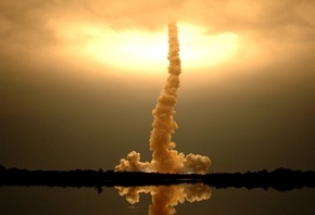 rocket, lake, sky