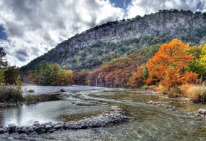 река, горы, листва, осень, деревья