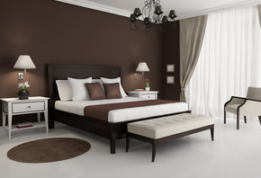 стиль, 3d, коричневый, дизайн, Интерьер, спальня, белый