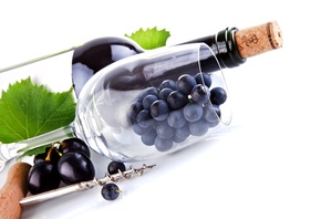 листья, вино, Виноград, бокал, бутылка, пробка, штопор