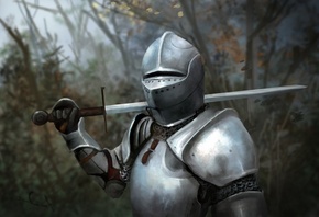 оружие, деревья, доспехи, Арт, клинок, меч, шлем, рыцарь