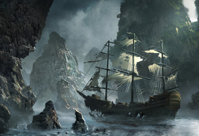 rocks, the flying dutchman, storm, matchack, Ghost ship approaching, michal matczak, art, sea