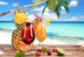 cocktail, Summer, cherry, strawberry, glasses, cocktails, fruits, coconut, melon, food