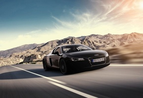 Audi, R8, black, front, ауди, чёрная, горы, скорость, солнце, блик