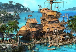 sea, Pirates, boats, rendering, пиратская таверна, ship, the caribbean