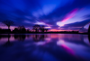 river, Great britain, sunset, village, evening, trees, england, reflection