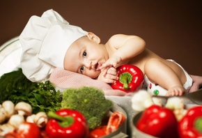 Анна Леванкова, поварёнок, ребёнок, зелень, грибы, брокколи, овощи, перец, помидоры