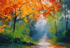 осень, дорожка, фонари, деревья, artsaus, парк, желтые, Арт