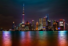 Китай, Шанхай, ночь, свет, огни, высотки