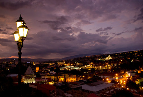 панорама, столица, Грузия, ночь, здания, тбилиси, город