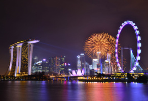 night, skyscrapers, reflection, lights, sky, architecture, Singapore, clouds, gardens by the bay