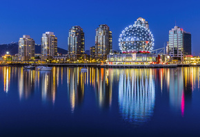 Yaletown, Vancouver, Canada, Ванкувер, Канада, город, ночь, огни, вода, отр ...