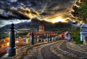 houses, sunset, colors, road, colorful, old, Architecture, clouds, mountain ...