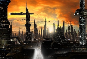 sci-fi, rich35211, scott richard, cityscape, ships, towers, planet, Futuris ...