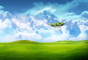 Поле, небо, голубое небо, облака, зеленое поле