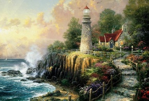 painting, The light of peace, house, art, sea, thomas kinkade, cottage, lig ...