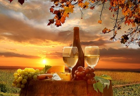 виноград, вино. бокал, небо, закат, бочка, сыр, штопор