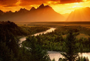 River, Mountains, Forest, Sunset