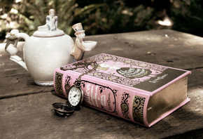 Книга, алиса в стране чудес, часы, чайник, кролик