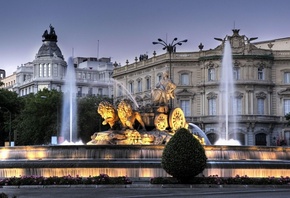 фонтан сибелес, сумерки, Мадрид, вечер, испания, фонтан
