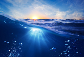 океан, закат, солнце, под водой, лучи, пузырьки