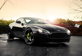 Aston Martin db9, Aston Martin, db9, черный, диски, SR, фары, свет, закат,  ...