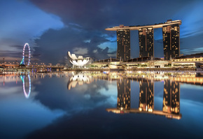 lights, clouds, night, gardens by the bay, skyscrapers, blue, architecture, sky, Singapore