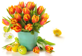 пасха, яйца, Ведерко, букет, цветы, тюльпаны