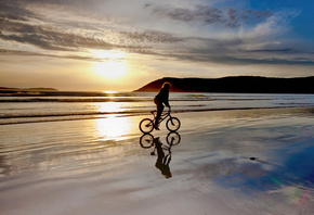 BMX, bike, beach, sunset