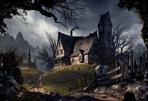 Old house, Halloween, road, fence, trees, mountains,  , ,  ...