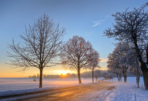 рассвет, дорога, утро, зима, Германия, снег, деревья