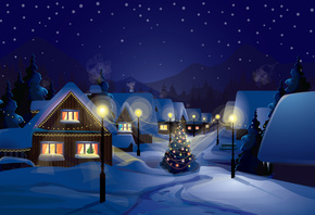 new year, merry christmas, christmas tree, town, city, houses, lights, light columns, ornaments, column, snow, graphic, art, vector,  ,   , , , , , ,  , , , , , 