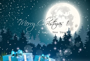 happy new year, merry christmas, christmas tree, full moon, gift box, snow, ...