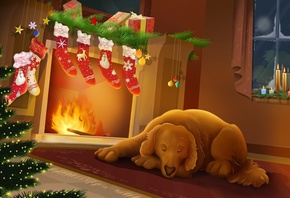 новый год, рождество, собака, камин, сон