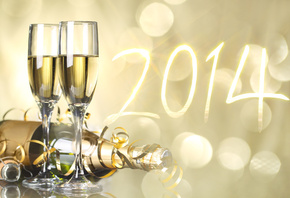 праздник, новый год, бокалы, бутылка, шампанское, 2014, боке, серпантин, ци ...