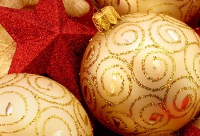 новый год, рождество, шары, украшения, звезды, красный, золотой