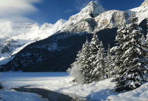 Snow, Mountains, creek, forest