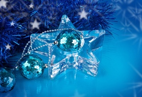 Новый Год, Рождество, звезда, прозрачная, шарики, синие, украшение, блестки, елочные, игрушки, мишура, дождик, синий, декорации