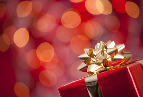 праздники, коробка, подарочная, красная, бант, золотой, подарок, боке, зима ...