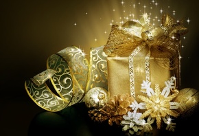 Christmas, коробочка, подарок, бантик, ленточка, игрушки, черный фон, снежинки