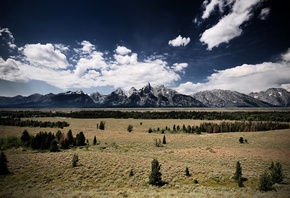 clouds, trees, mountains