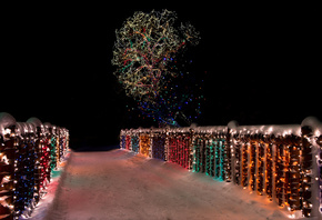 night, bridge, lights, wood, snow, ����, ����, ������, ����, ����