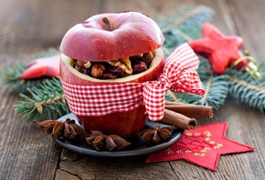 яблоко, красное, бант, орехи, корица, пряности, анис, бадьян, ветки, ель, праздники, Рождество