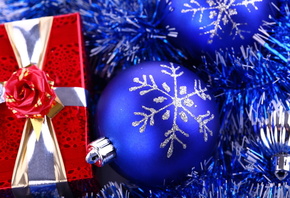 праздник, новый год, синие, елочные шары, подарок, красная, коробка, упаков ...