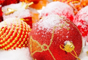 шары, елочный игрушки, украшения, бисинки, тесьма, цвета, красный, золото, снег, праздник