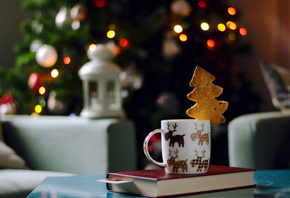 чашка, новый год, елка, праздник, рождество