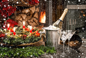Новый Год, Рождество, New Year, Christmas, праздник, шарики, украшения, champagne, glasses, candles