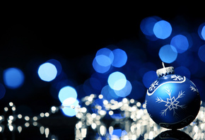 шар, синий, узор, боке, праздники, зима, декорации, New Year, Christmas, Ро ...